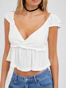 Easelle Women Summer Casual Solid Color V-Neck A-Line Cropped Blouse - White - View 5