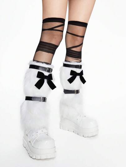 Anime 1 Set beinhaltet: 1 Paar weiße Schleife Fellbein-Wärmer + 1 Paar Overknee Socken + 2 Paar Bein-Ringe, Y2K Punk Stil Accessoires für Frauen