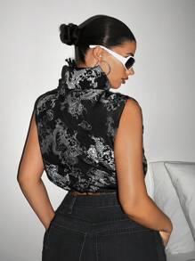 SHEIN ICON 中国龙印花拉链下摆填充背心