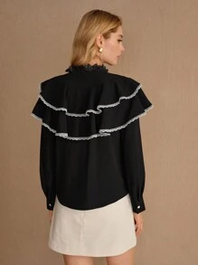 MOTF STUDIO Blouse à volants superposés avec garniture en dentelle contrastante - Noir - Voir 8