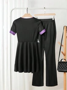 SHEIN LUNE 2 piezas Conjunto casual de camiseta y pantalones con estampado floral minimalista para mujer - Negro - Ver 2