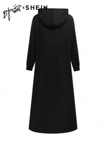 Mulvari 女式卡通人物印花抽绳连帽长袖休闲阿拉伯朴素连衣裙、超长款运动衫连衣裙，秋冬 - 黑色 - 查看 8