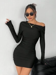 SHEIN PETITE Women's Off Shoulder Long Sleeves Ruched Bodycon Mini Dress With Tight-Fitting Hip Design - Black - View 4