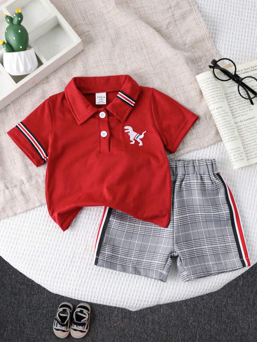 SHEIN Playful Pals 2pcs Baby Boy Casual Striped Dino Embroidery Polo Shirt And Plaid Shorts Set, Spring Summer - Red - View 1
