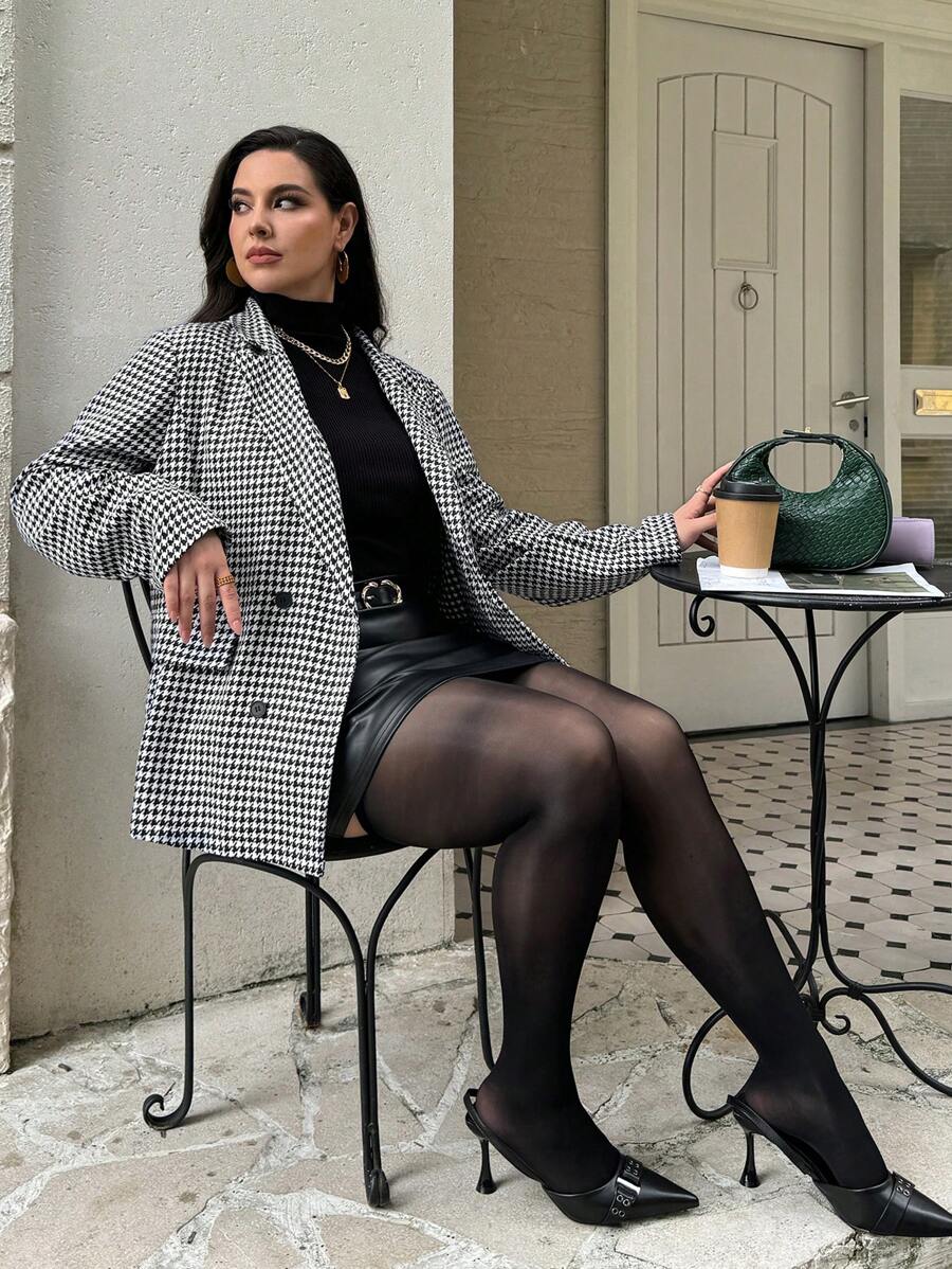 SHEIN Privé Plus Size Women Houndstooth Blazer Lapel Formal Suit - Multicolor - View 1