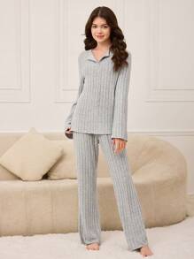 2pcs Teen Girl Sleepwear Set, Gray Minimalist Design Long Sleeve Top And Long Pants Pajama - Grey - View 6
