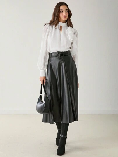 Enchnt 女士优雅纯色立领荷叶边衬衫，春/秋