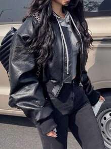 Apperloth A 90 年代朋克拉链落肩棒球领 PU 皮革宽松飞行员机车夹克短款外套音乐节