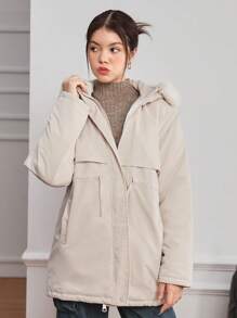 Girl & Teen Girls Casual Cinched Waist Mid-Length A-Line Padded Coat With Fur Collar For Daily Wear, Suitable For Winter