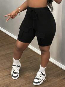 Slaydiva 夏季新款休闲日常黑色工作口袋四分之一裤女式短裤 - 黑色 - 查看 4