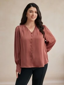 Maija Blusa informal de manga larga con botones delanteros, cuello en V y unicolor, para atuendos de mujer de talla grande en otoño e invierno