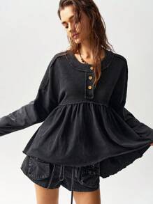 Bohemela 超大度假针织落肩圆领不对称下摆水洗女式 T 恤