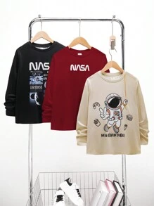 SHEIN 3 stuks/set kinderen/tween jongens casual bedrukt ronde hals lange mouwen gebreide T-shirts, geschikt voor dagelijks gebruik, vakantie, sport, lente/zomer/herfst/winter seizoenen