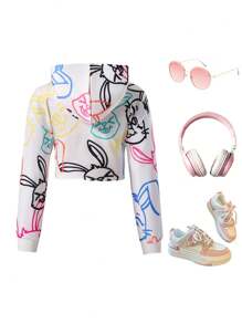 SHEIN Tween Girl Rabbit & Letter Print Crop Hoodie, Spring/Autumn, Sweatshirt - Orange - View 2