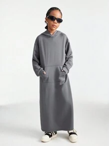 SHEIN Tween Girls Fall/Winter Basic Keep Warm Grey Over Size With Pockets Hoodies Sweatshirt - Dark Grey - View 4