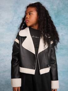 SHEIN Tween Girl 纯色领短款保暖衬里长袖夹克 - 黑與白 - 查看 1