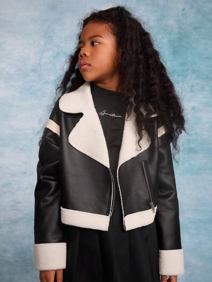 SHEIN Tween Girl 纯色领短款保暖衬里长袖夹克 - 黑與白 - 查看 1