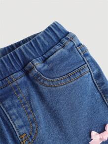 SHEIN 1pc Infant Girls' Cute Pink Ribbon Bow Decor Blue High-Elastic Denim Stretch Pants ,Fleeced Warm Denim Bell Bottoms,Baby Girl Fall And Winter Clothes - Medium Wash - View 3