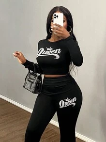 Slaydiva Plus Size Autumn And Winter New Casual Women's Round Neck Long-Sleeved Truncated T-Shirt Cuffed Flared Trousers Black Slim Fit Suit QUEEN English Letters Printed Imitation Diamond Printed