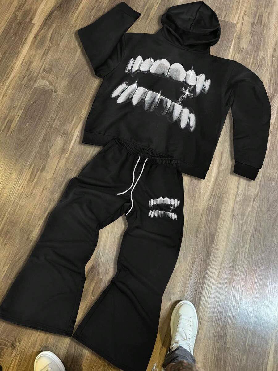 Manfinity Roghcode Men's Casual Teeth Print Hoodie Sweatshirt & Sweatpants Set, Spring & Autumn