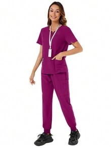 純色凹口V領短袖上衣和褲子護士制服套裝 - 中紫紅色 - 查看 4