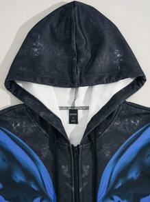 ROMWE MEN Street Life 男士前拉链长袖连帽运动衫，带骷髅印花，休闲日常穿着 - 黑色 - 查看 3