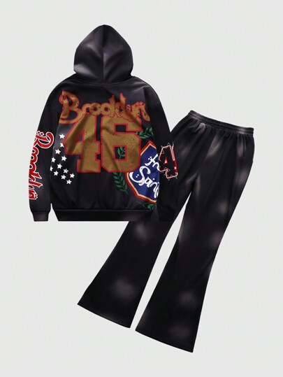 Street Life 2pcs Men's Fashionable Star Badge Printed Hoodie And Sweatpants Set, Autumn