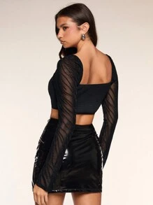 Glamine Women's Black Square Collar Mesh Contrast Raglan Sleeve Long Sleeve Fitted Asymmetric Hem T-Shirt , Black Crop Top Long Sleeve Fall Bodycon Bachelorette Tops - Black - View 2