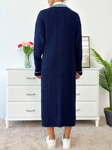 SHEIN Cottnline V-Neck Colorblock Striped & Complex Cable Knit Design Casual College Style Dress For Women - Navy Blue - View 2