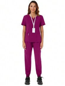 純色凹口V領短袖上衣和褲子護士制服套裝 - 中紫紅色 - 查看 5