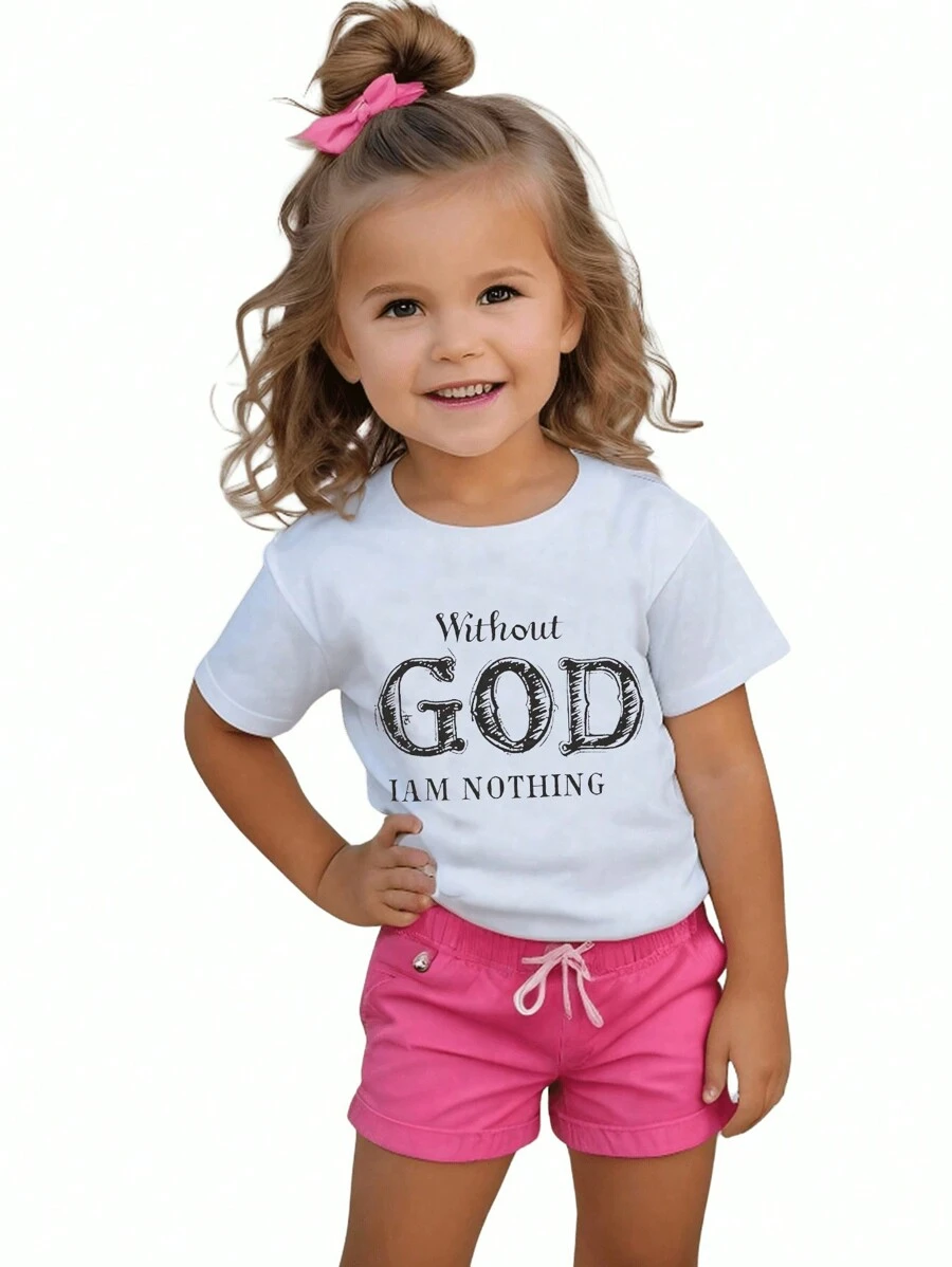 SHEIN Playful Pals Baby Girls' Cotton White Short Sleeve Letter Printed T-Shirt, Suitable For Summer - White - View 1