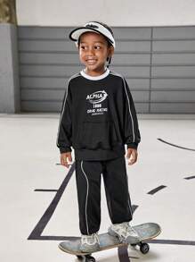SHEIN 2pcs Set: Boys Kids Outfit With Letter Print Long Sleeve Sweatshirt And Sports Pants, Casual Style - Black - View 7