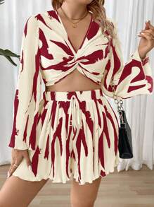 SHEIN Clasi 2pcs Plus Size Twist Top With All-Over Print & Skirt Set Fall Cloth For Women - Burgundy - View 4