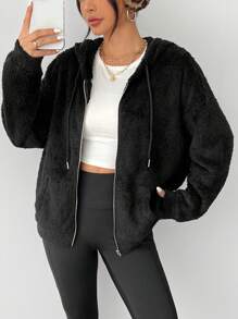 SHEIN PETITE معطف هودي تيدي بسحاب وخصر منسدل - الأسود - مشاهدة 7
