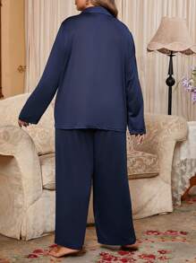 大码纯色开衫长袖睡衣套装 - 藏蓝色 - 查看 2