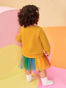 SHEIN 女宝宝清新风格字母刺绣卫衣连衣裙套装 - 芥末黃 - 查看 2