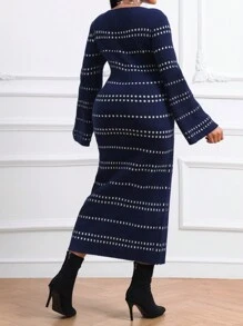 SHEIN Lady Mùa Thu Đông Đơn Giản Thanh Lịch Khiêm Tốn Cổ Điển Công Sở Màu Đen Worsed Cổ Tròn Tay Chuông Sản Phẩm Mới Dài Tay Plus Kích Thước Áo Len Váy - Màu xanh hải quân - Xem 2