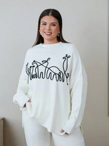 EURMUSE 大码女式刺绣毛衣和针织裤，适合冬季 - 黑與白 - 查看 4