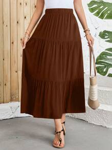 EMERY ROSE Women's Solid Color Minimalist Pleated Skirt, Casual Vacation - Brown - View 3