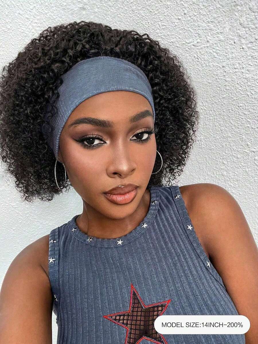 Afro kinky curly bob headband wig 200 density human hair curly wigs