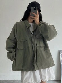 DAZY Women's Casual Loose Zip-Up Jacket With Large Pockets - Army Green - View 4