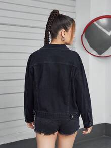 SHEIN Explorewe Teen Girls' Heart Rhinestone Decorated Denim Long Sleeve Jacket Outerwear - Black - View 2