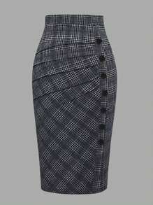 EARO French Retro Women Casual Minimalist Comfortable Daily Versatile Single-Breasted Houndstooth Pleated A-Line Skirt, High Cinched Waist Elastic Waist, Elegant Loose OL Professional Bodycon Skirt, Spring/Autumn - Black - View 1