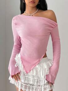 SHEIN ICON 女式纯色秋季不对称领口长袖罗纹休闲 T 恤 - 粉色 - 查看 4