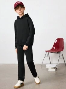 SHEIN 單色保暖運動休閒連帽衫，適合少年男童在春秋季的日常穿著 - 黑色 - 查看 8