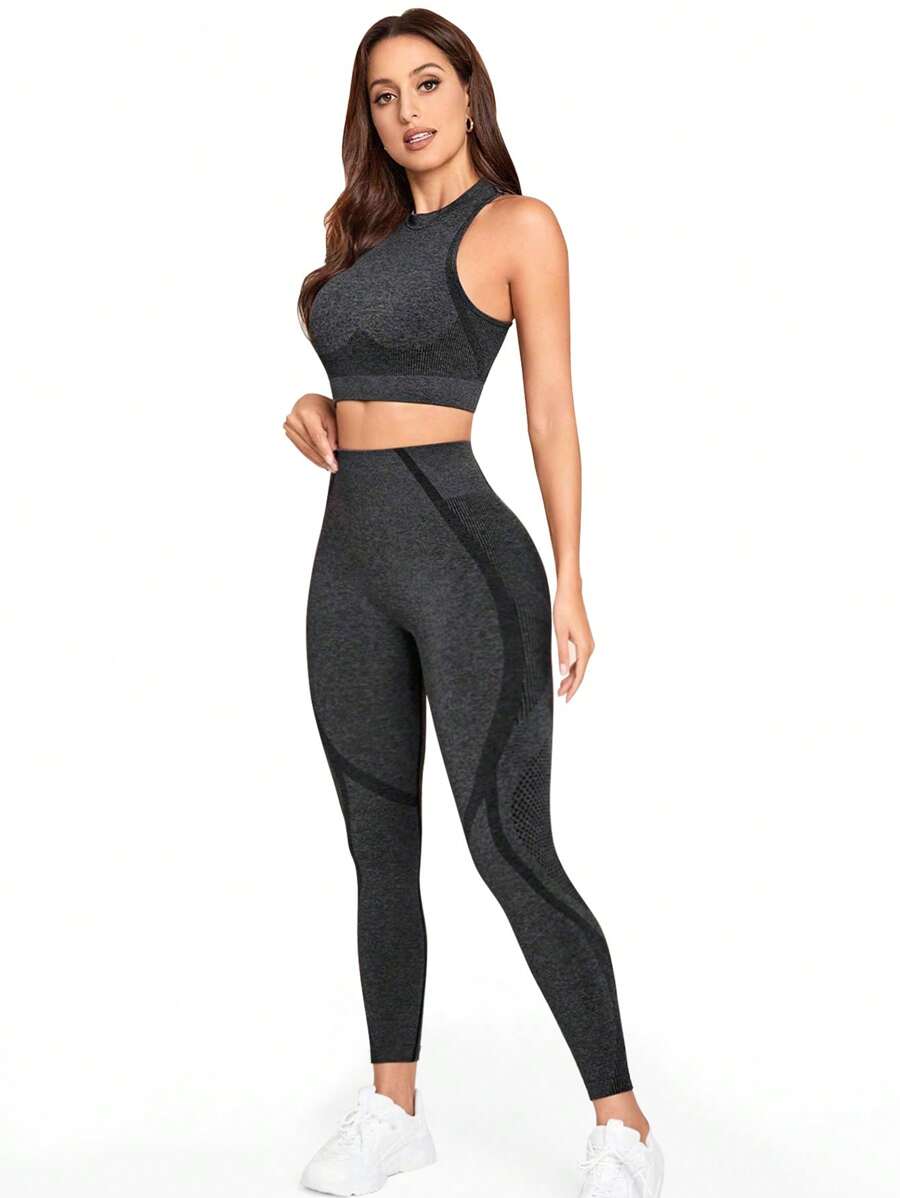 SHEIN Sports Bộ đồ tập luyện & yoga liền mạch 2 món/bộ đồ thể thao tập luyện cho nữ Bộ đồ bó cho nữ - màu đen - Xem 1
