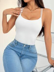 SHEIN PETITE Women's Sexy Spaghetti Strap Backless Sleeveless Knitted Bodysuit - White - View 6