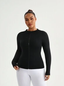 SHEIN Sports Plus Size Plain Zip-Up Front Long Sleeve Casual Sports Jacket - Black - View 3