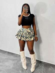 Slaydiva New Casual Street Low-Waist Mini Skirt Pleated Skirt All-Over Branch Print Women's Skirt