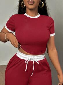 SHEIN SXY 2pcs Women's Summer Casual Ribbed Crew Neck Short Sleeve Slim T-Shirt And Tie Waist Pants Set - Red - View 8